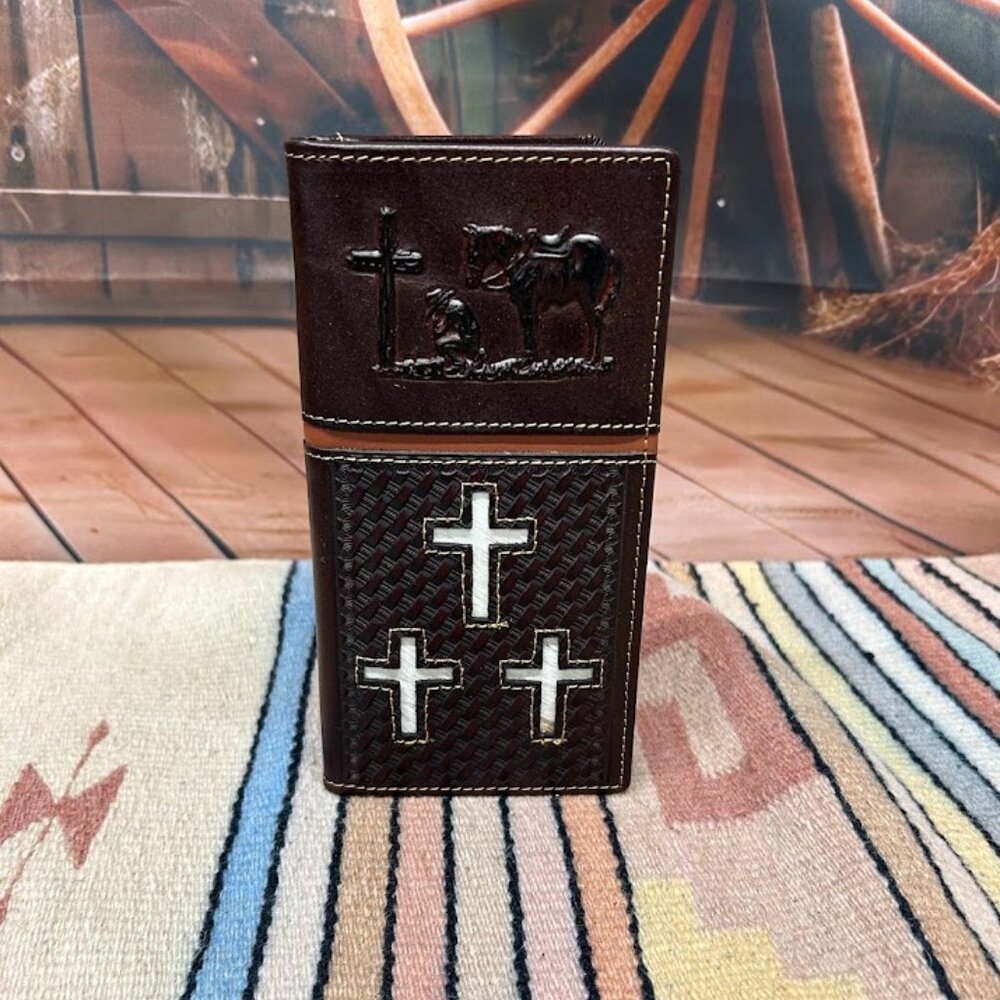 Leather Wallet with Embossed Praying Cowboy Design and 3 Cowhide Crosses